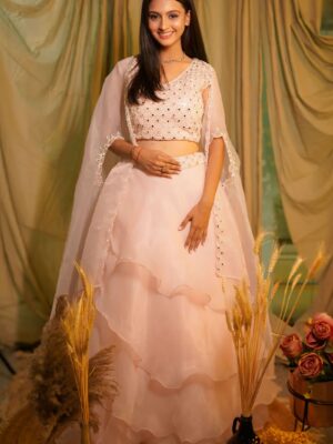Baby Pink Layered Hand Embroidered Organza Lehenga Set With Shrug