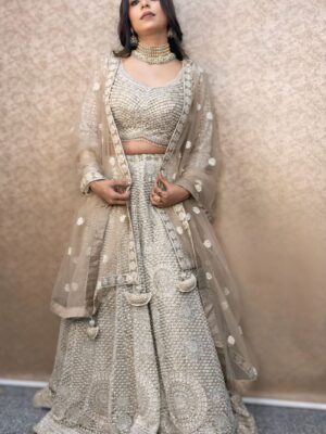 Beige Hand Embroidered Long Sleeves Lehenga Set