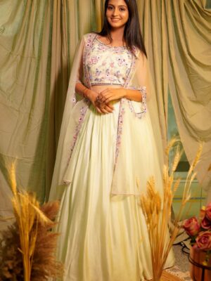 Fresh Green Hand Embroidered 3 Pcs. Lehenga Set