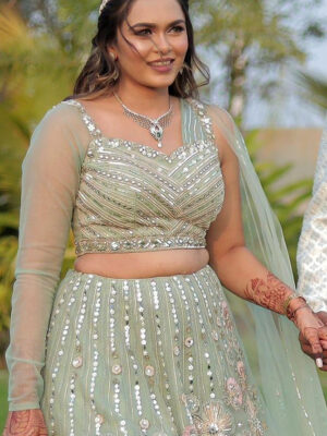 Green Organza Hand Embroidered One Sleeve Lehenga Set