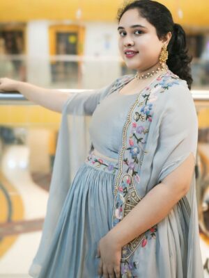 Grey 3 Piece Hand Embroidered Lehenga Set With Jacket