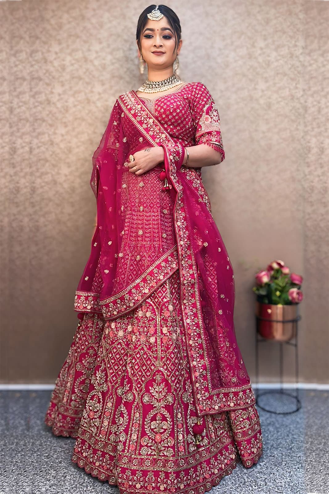 Hot Pink Hand Embroidered Bridal Lehenga Set