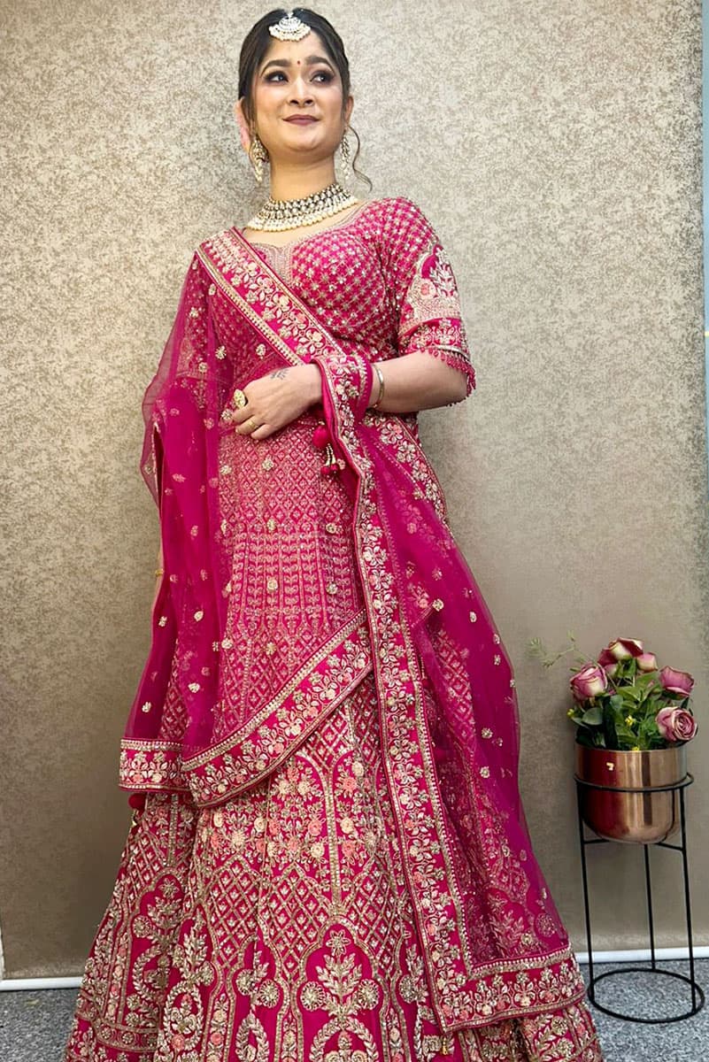 Hot Pink Hand Embroidered Bridal Lehenga Set - Image 2