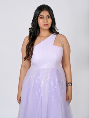 Lavender Net Layered Sequin Slit Gown