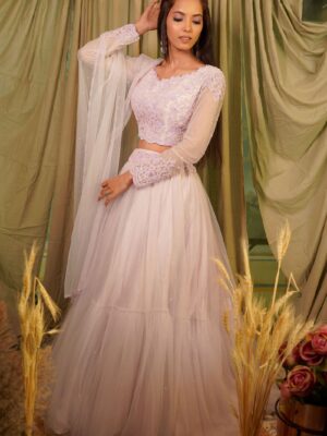 Lavender Organza Beaded Full Sleeves Hand Embroidered Lehenga Set