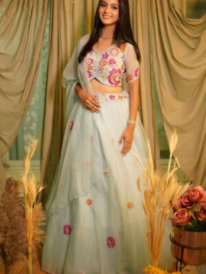 Light Blue 3D Star Hand Embroidered Organza Lehenga Set