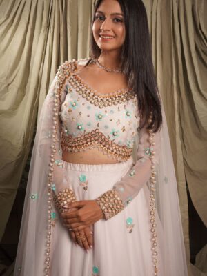 Light Lavender 3D Hand Embroidered Metal Beads Lehenga Set