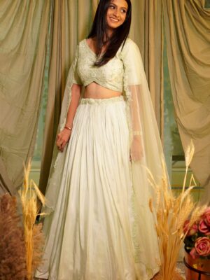 Pastel Green Bead Hand Embroidered Lehenga Set With Scallop Dupatta