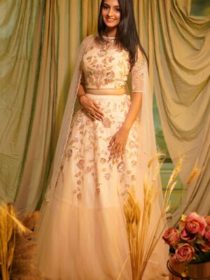 Peach Organza Half Sleeves Hand Embroidered Lehenga Set