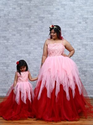 Peach-Red Duo Asymmetric Layered Gown