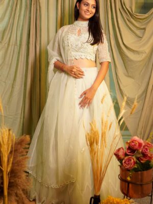 Pista Green High Neck Keyhole Cold Shoulder Hand Embroidered Lehenga Set