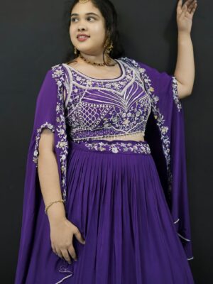 Purple Hand Embroidered 3 Pcs. Lehenga Set