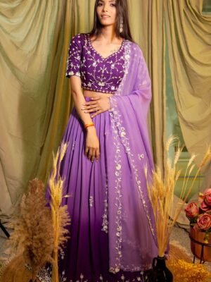 Purple Ombre Hand Embroidered Lehenga Set With Organza Dupatta