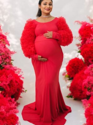 Red Bodycon Ruffled Sleeves Gown