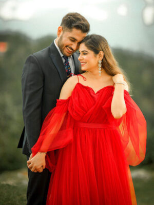 Red Net Cold Shoulder Trail Gown