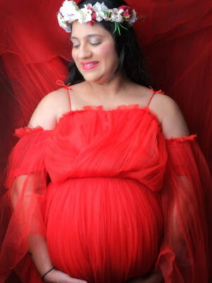 Red Net Cold Shoulder Trail Gown