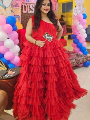 Red Net One Shoulder Layered Gown