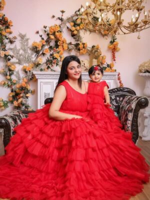 Red Net One Shoulder Layered Gown