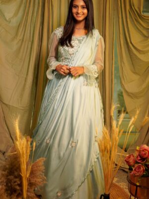 Sky Blue Satin Silk Hand Embroidered Lehenga Set