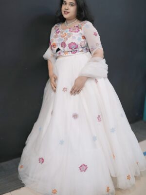 White 3D Star Hand Embroidered Organza Lehenga Set
