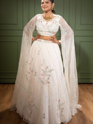 White Crop Top Hand Embroidered Lehenga Set With Extended Sleeves