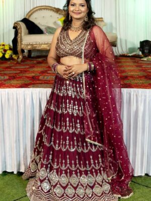 Wine Backless Lehenga Set