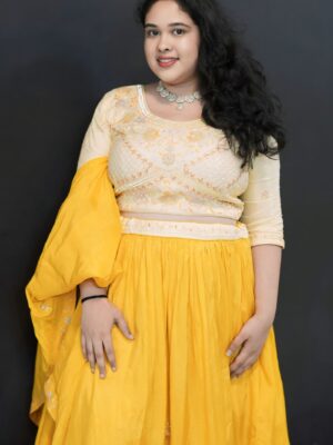 Yellow Elbow Sleeves Hand Embroidered Lehenga Set