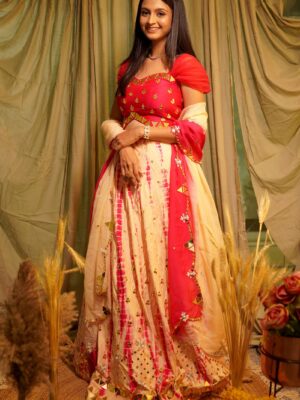 Yellow Pink Tie-Dye Mirror Hand Embroidered Lehenga Set