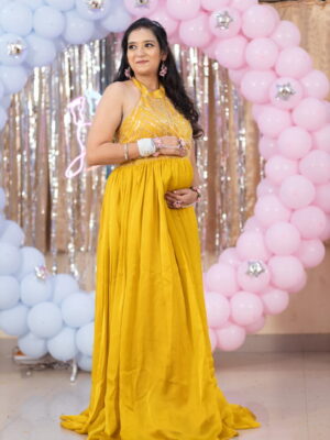 Yellow Satin Halter Neck Embroidered Flare Gown