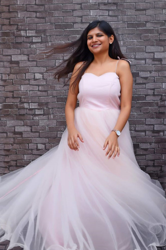 Baby Pink Net Flare Gown  Label Plush
