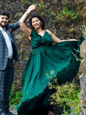Bottle Green Satin Flare Gown Detachable Trail Gown