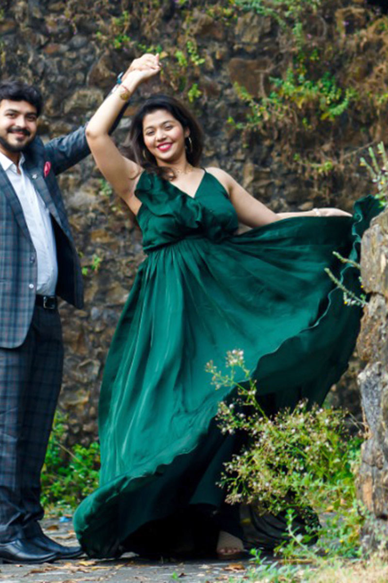 Bottle Green Satin Flare Gown Detachable Trail Gown