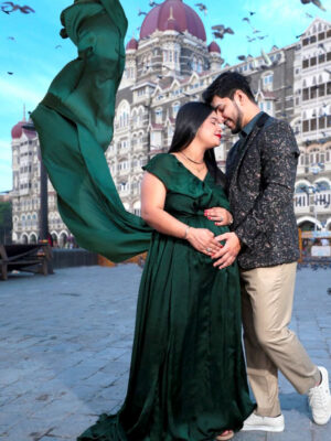 Bottle Green Satin Flare Gown Detachable Trail Gown