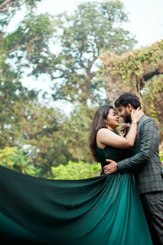 Bottle Green Satin Flare Gown Detachable Trail Gown - Image 2