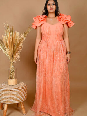 Coral Ruffled Shoulder Embellished Gown
