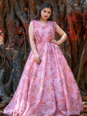 Floral Printed Organza Flare Gown