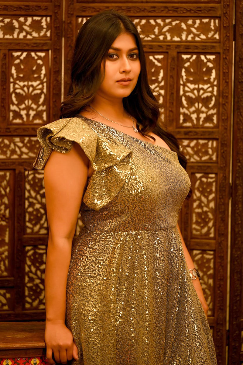Gold Sequence Ruffle Detail One Shoulder Gown - Image 3