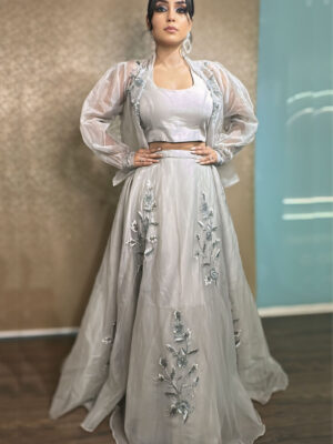 Grey 3 Piece Hand Embroidered Lehenga Set With Bomber Jacket