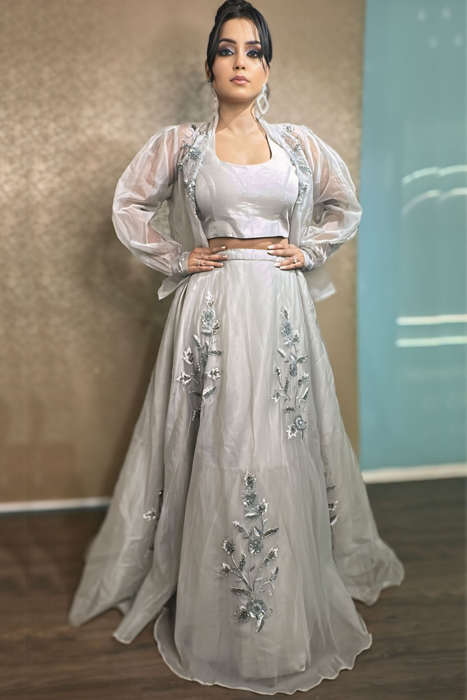 Grey 3 Piece Hand Embroidered Lehenga Set With Bomber Jacket