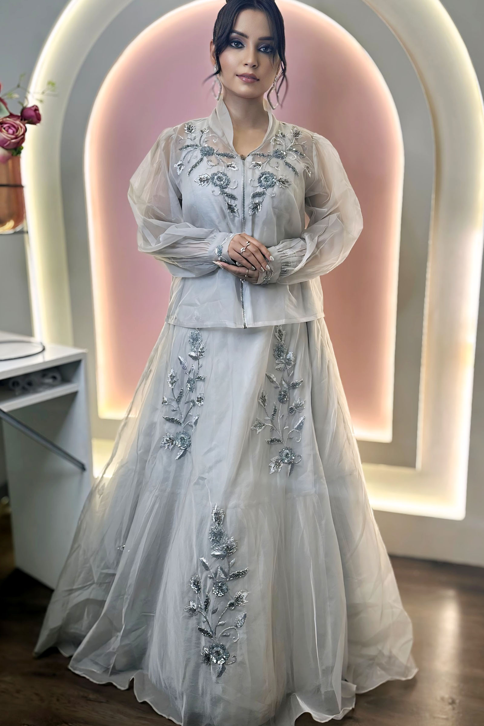 Grey 3 Piece Hand Embroidered Lehenga Set With Bomber Jacket - Image 2
