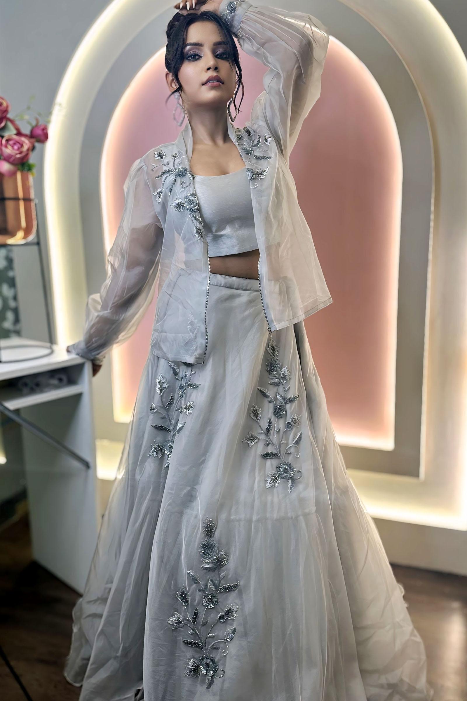 Grey 3 Piece Hand Embroidered Lehenga Set With Bomber Jacket - Image 3