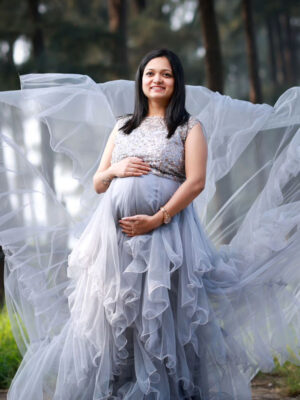 Grey Embellished Asymmetric Trail Gown