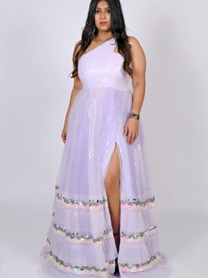 Lavender Net Layered Sequence Slit Gown