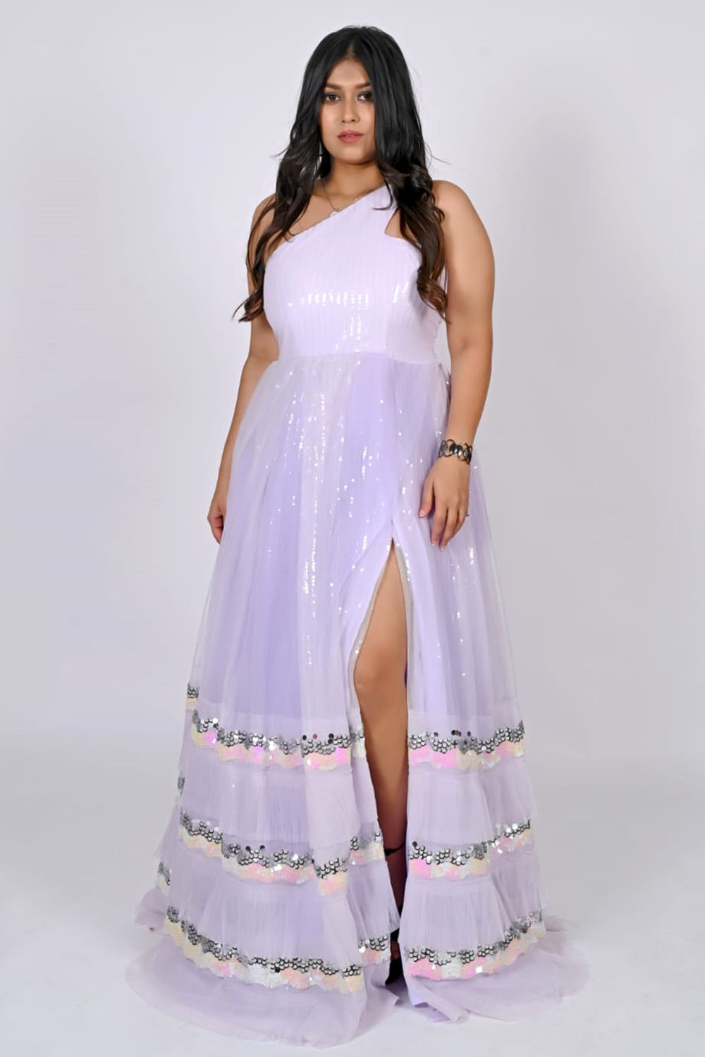 Lavender Net Layered Sequence Slit Gown Label Plush Lavender Net Layered Sequence Slit Gown Label Plush