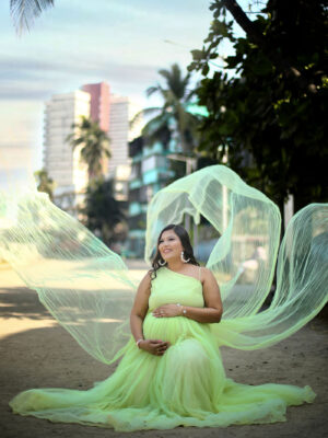 Lime Yellow Net Triple Trail Gown