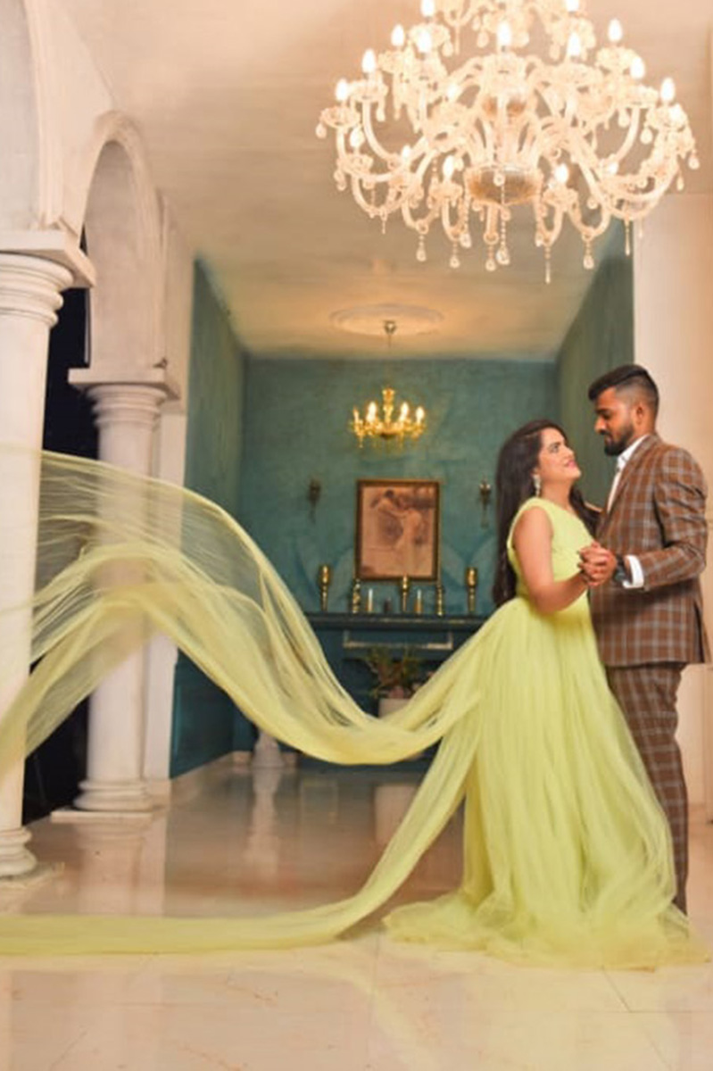 Lime Yellow Net Triple Trail Gown - Image 2