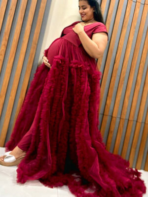 Maroon Frill Net Ruffled Gown
