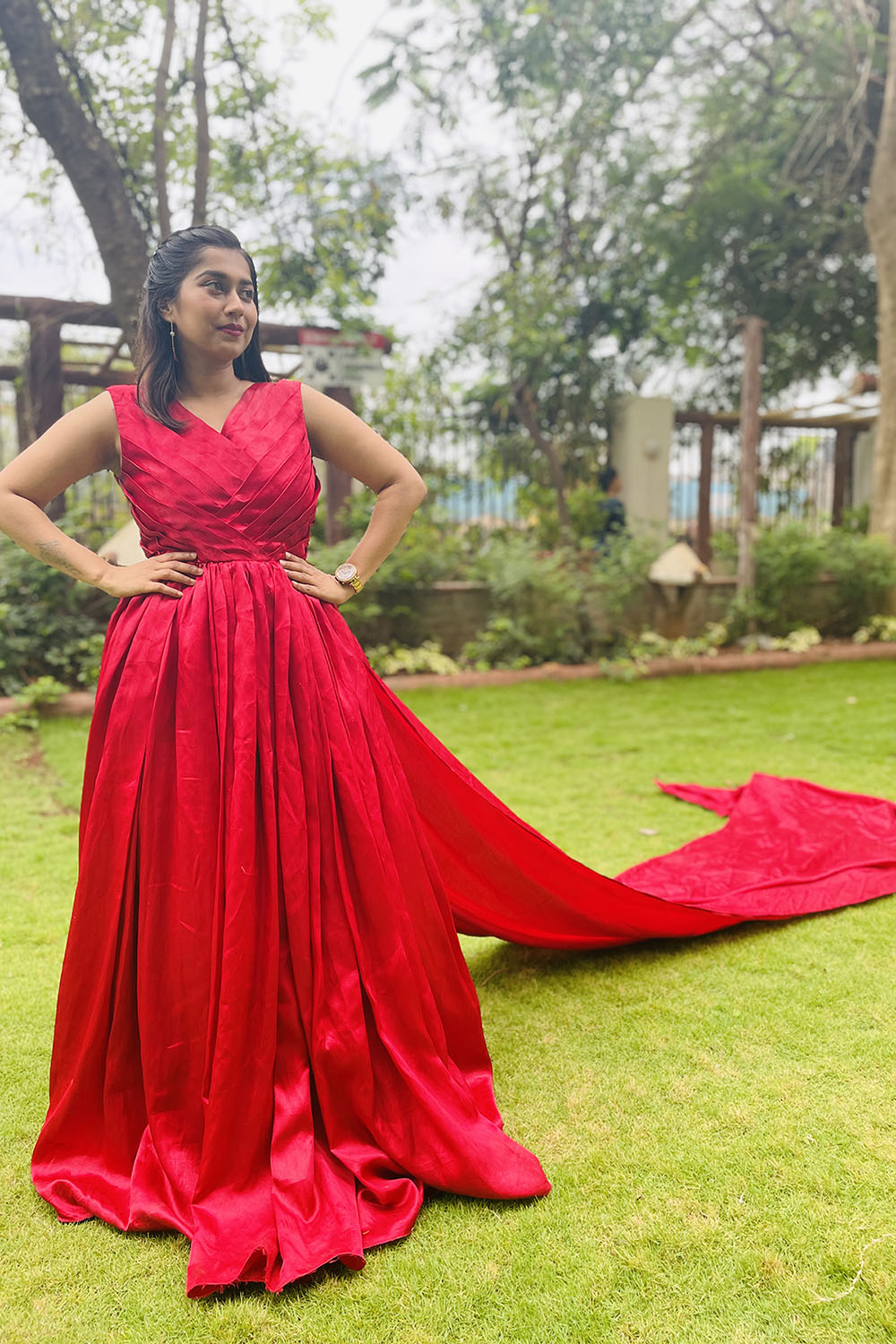 Maroon Satin Detachable Trail Gown - Image 3