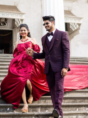 Maroon Satin Slit Trail Gown