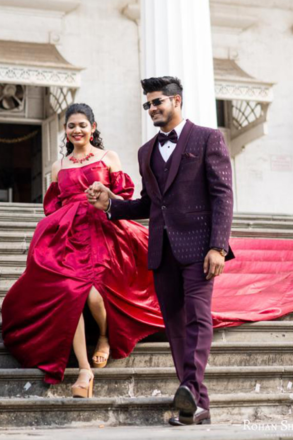 Maroon Satin Slit Trail Gown